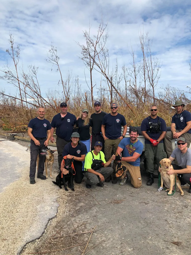 Eleven responders and three search dogs gather in front of storm stripped trees.