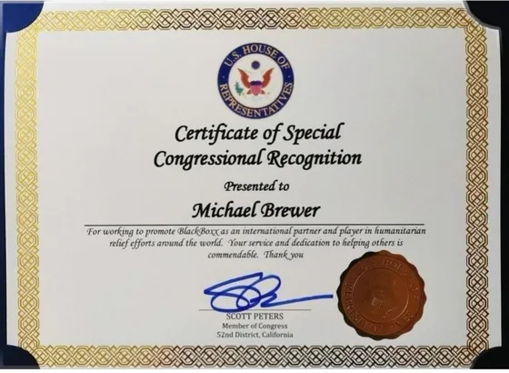Certificate of Special Congressional Recognition presented to Michael Brewer, signed by Congressman Scott Peters of California’s 52nd District.
