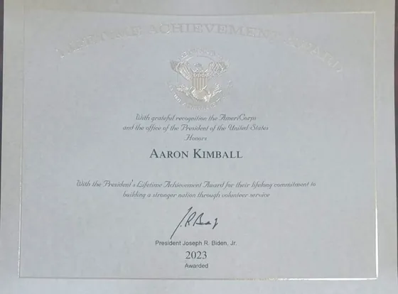 President’s Lifetime Achievement Award certificate for Aaron Kimball, 2023.