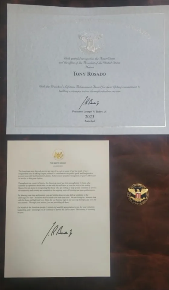 President’s Lifetime Achievement Award certificate, letter and pin for Tony Rosado, 2023.