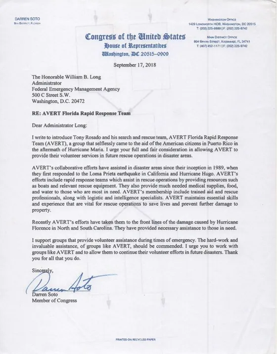 Letter from Congressman Darren Soto to FEMA Administrator William B. Long, dated September 17, 2018, regarding the AVERT Florida Rapid Response Team.