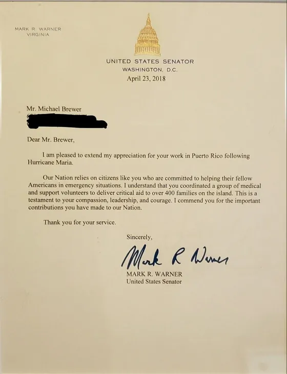 Letter from United States Senator Mark R. Warner to Michael Brewer, dated April 23, 2018.
