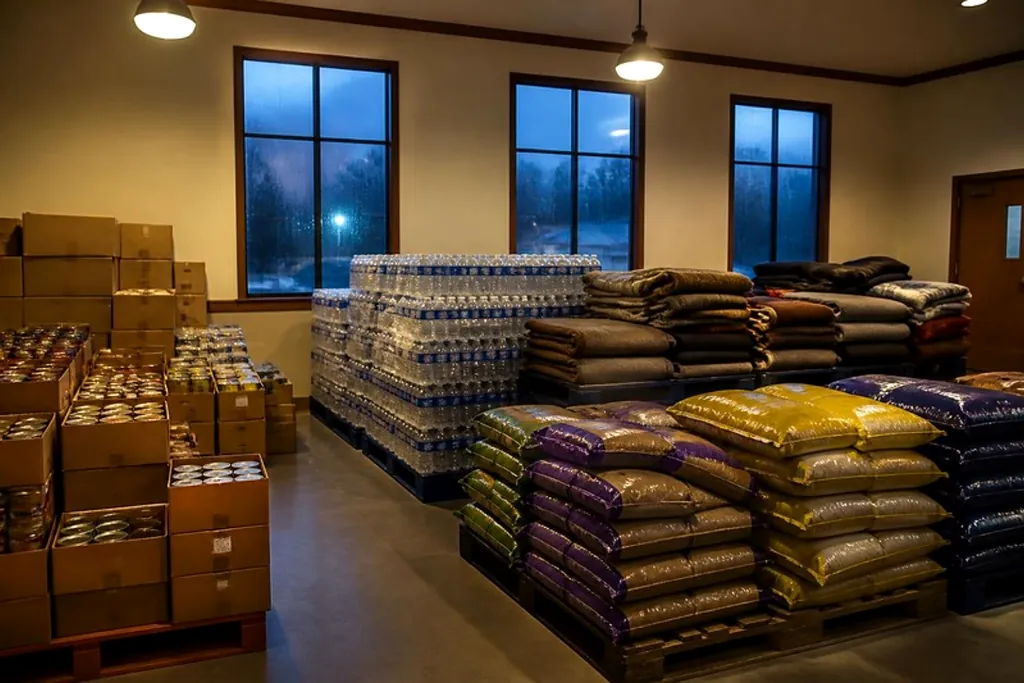 Pallets of bottled water, canned food, blankets and pet food stacked in a church hall while rain streaks the windows