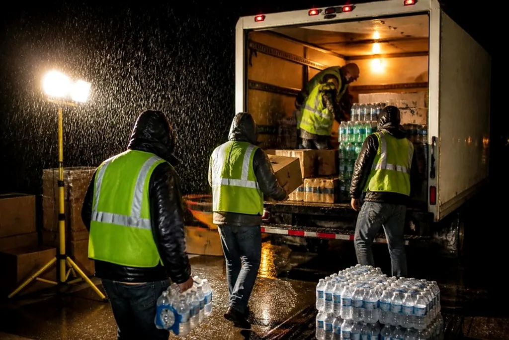Volunteers in reflective vests load cases of water into a box truck at night in heavy rain
