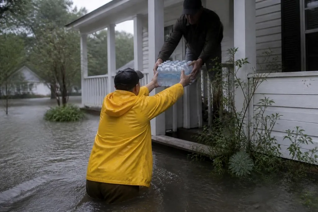 A volunteer in a yellow rain jacket wades through floodwater to hand a case of water to a man on his porch