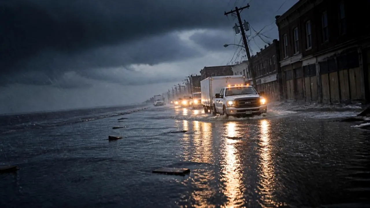 Pickup and box trucks with amber lights push through storm surge on a flooded coastal street at dusk