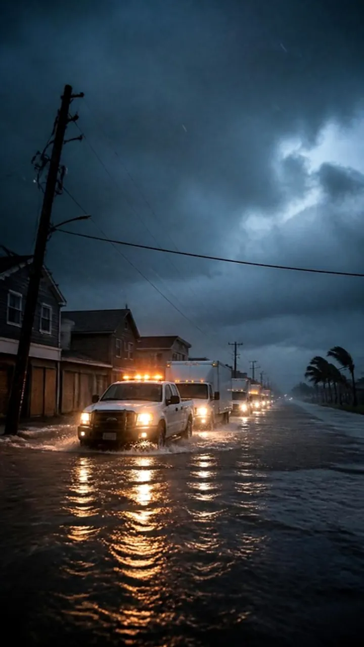 Dark storm clouds over a coastal street as a utility pole leans and power lines sag in the wind